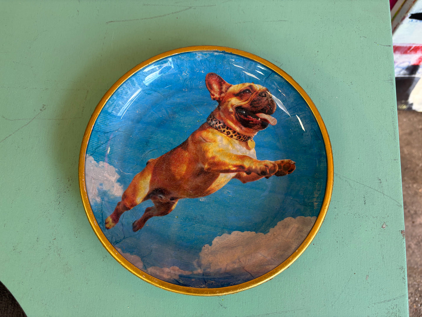 Small Flying Dog Handmade Decoupage Plate