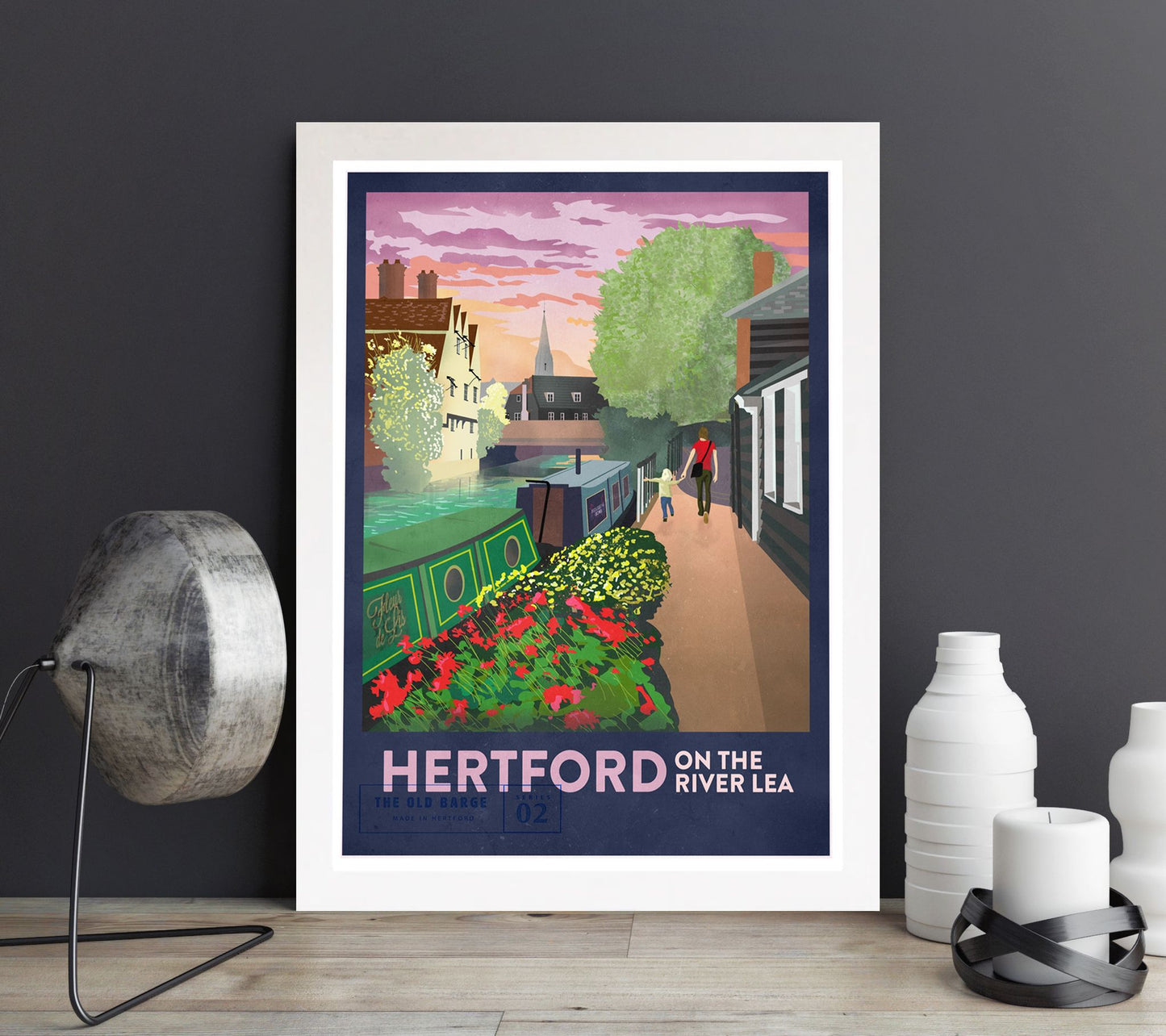 Paul Crowley Retro print 'Hertford on the River Lea' with canal boats and the view from the Folly to St Andrew's Church in a white frame