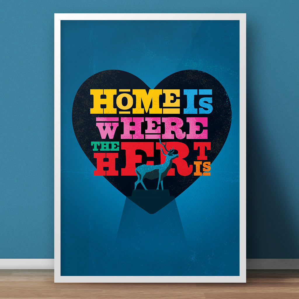 Home is where the Hert is print by Paul Crowley blue background, image of the stag in Hertford's Parliament Square