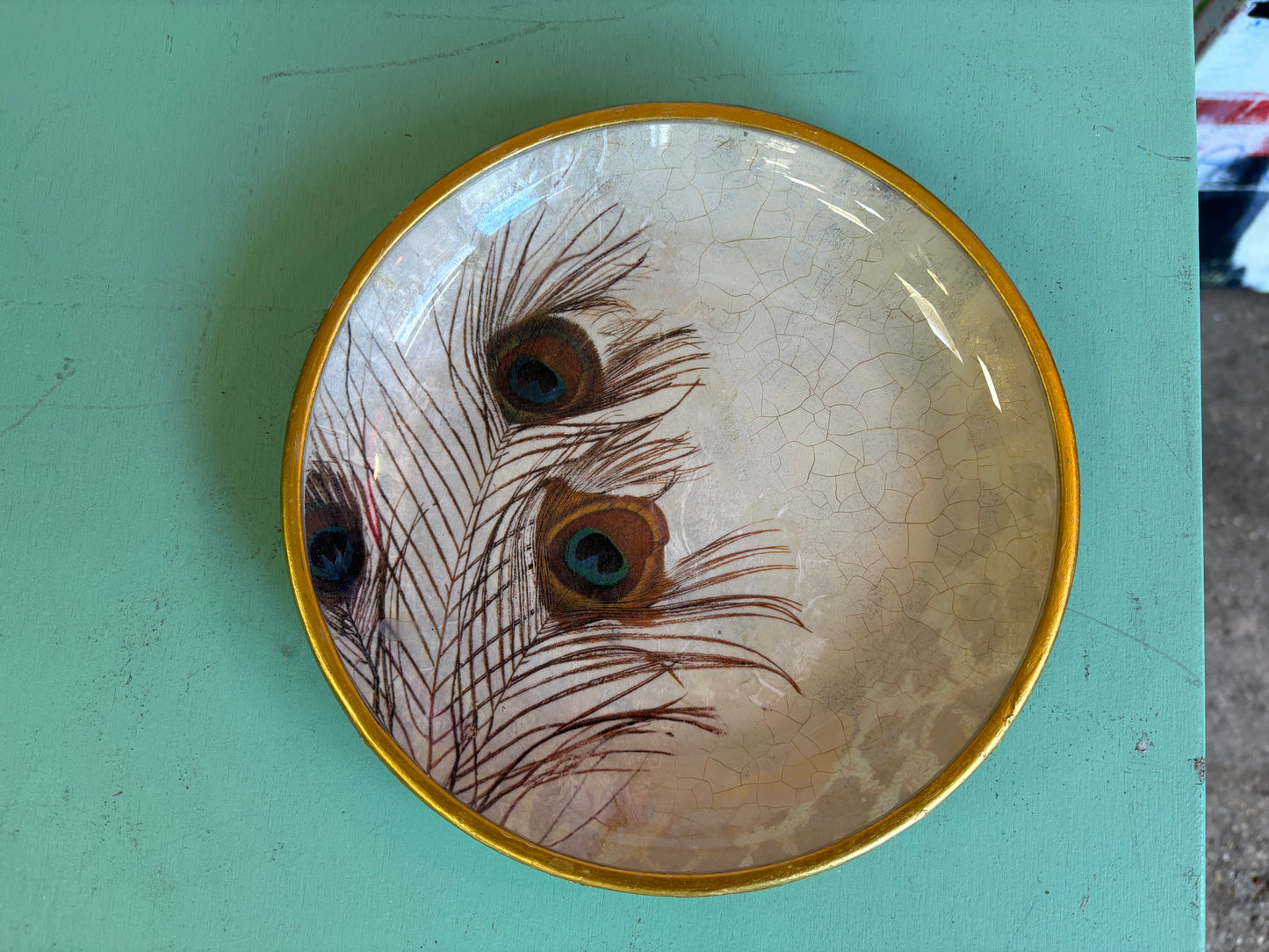 Small Peacock Feather Handmade Decoupage Plate