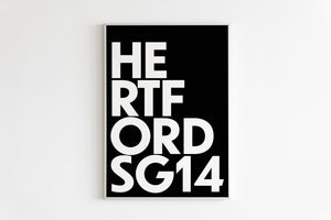 Hertford Monochrome Postcode - White Text on Black Background