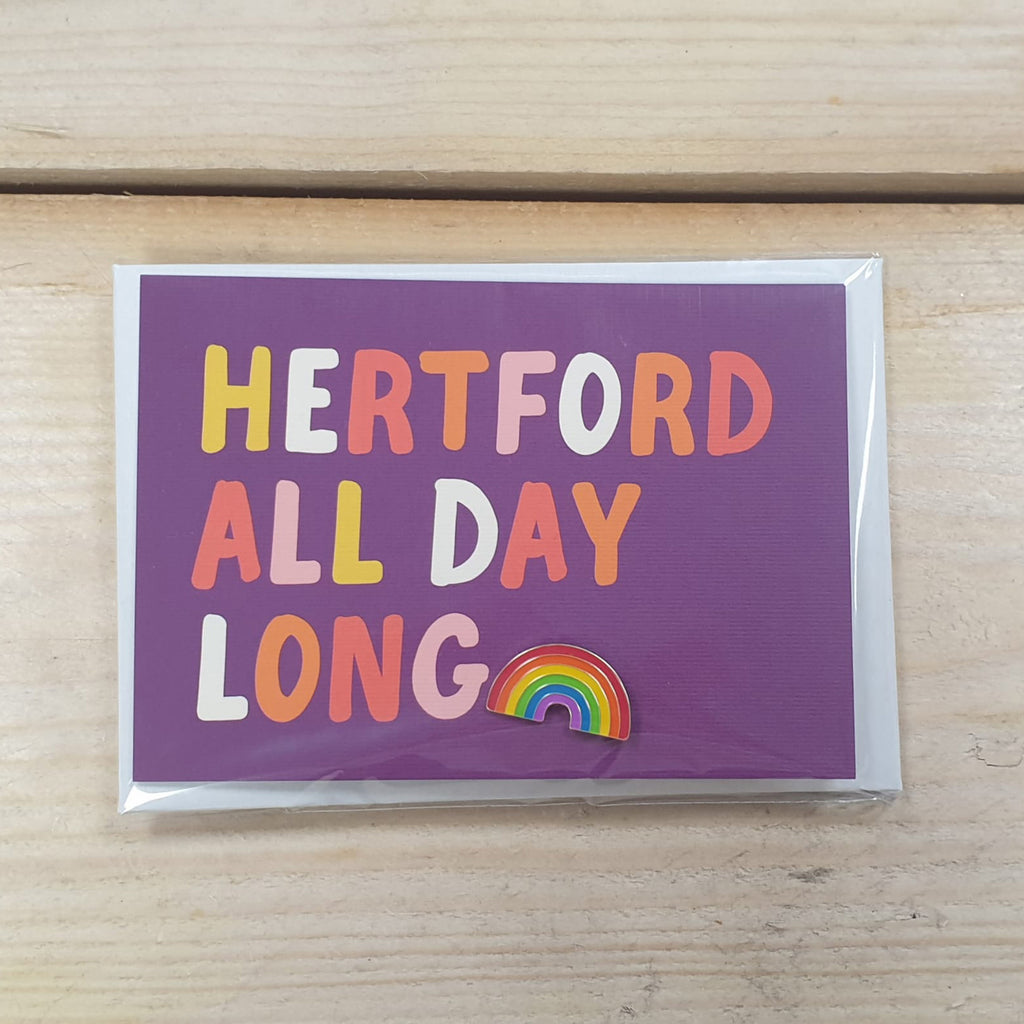 Hannah Bailey Hertford All Day Long purple postcard and enamel pin badge