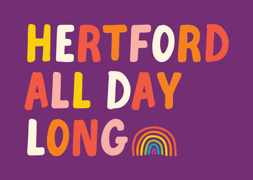 Purple background print with Hertford All Day Long and Rainbow by Hannah Bailey