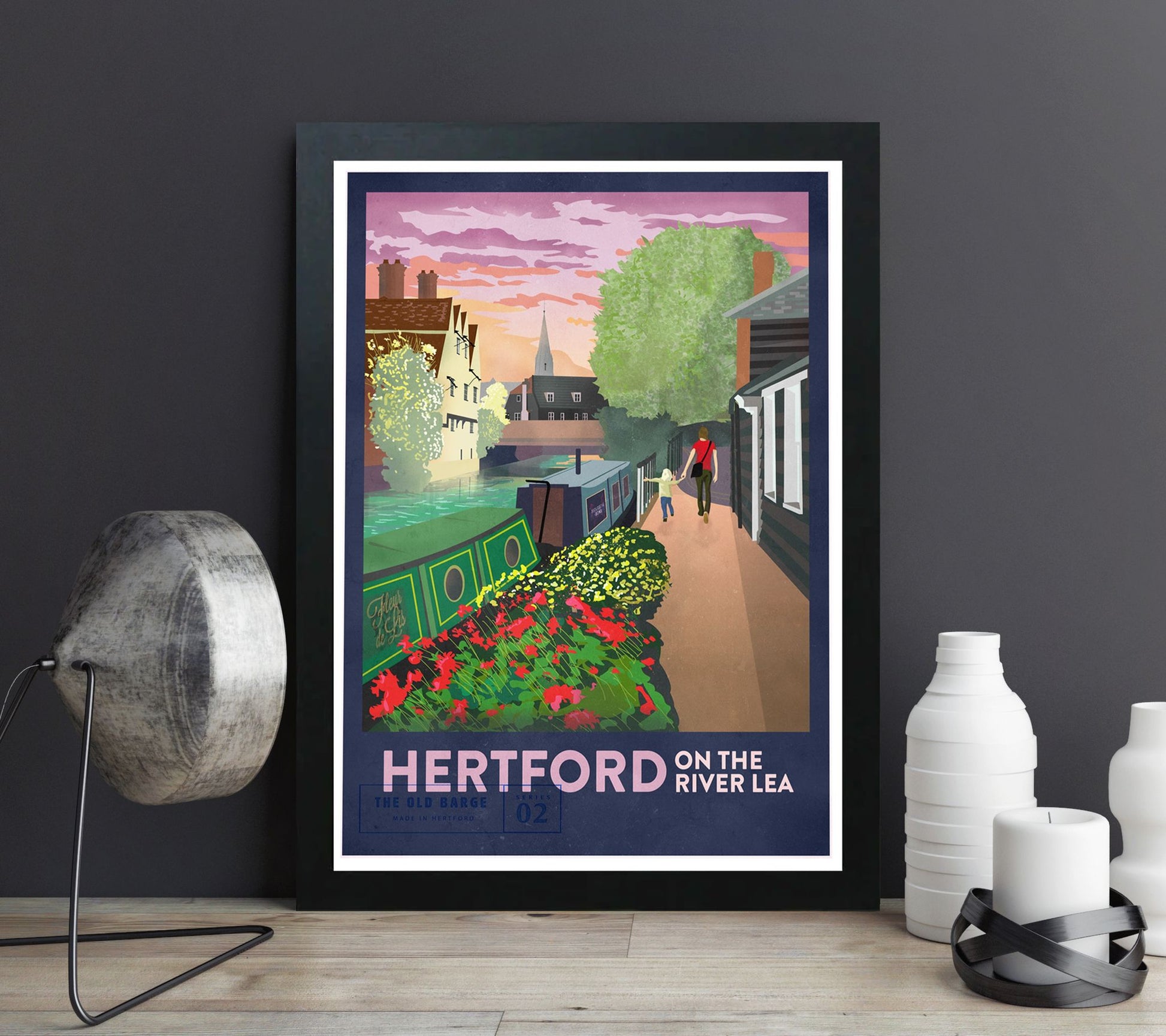 Paul Crowley Retro print 'Hertford on the River Lea' with canal boats and the view from the Folly to St Andrew's Church in a white frame
