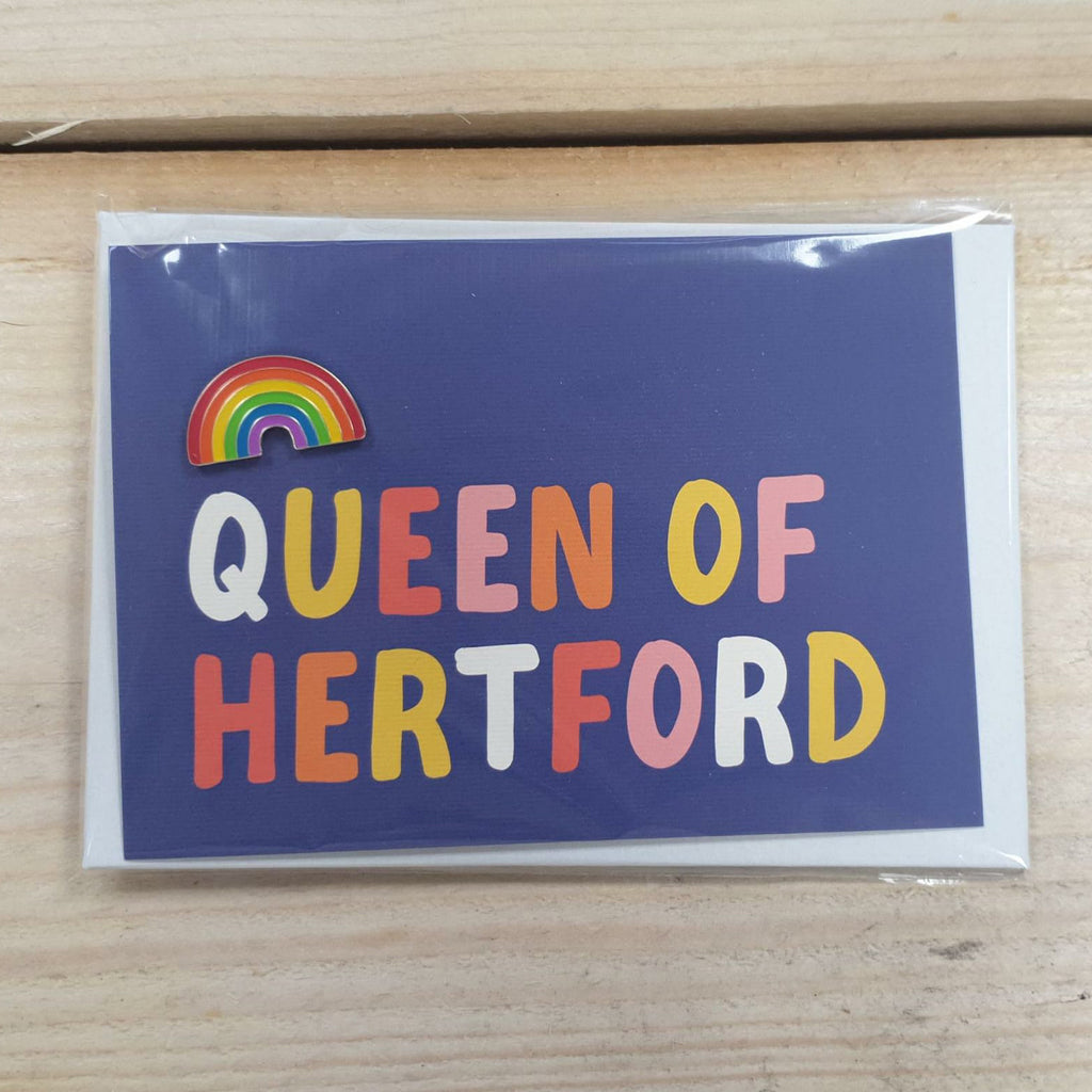 Hannah Bailey Queen of Hertford blue postcard and enamel pin badge