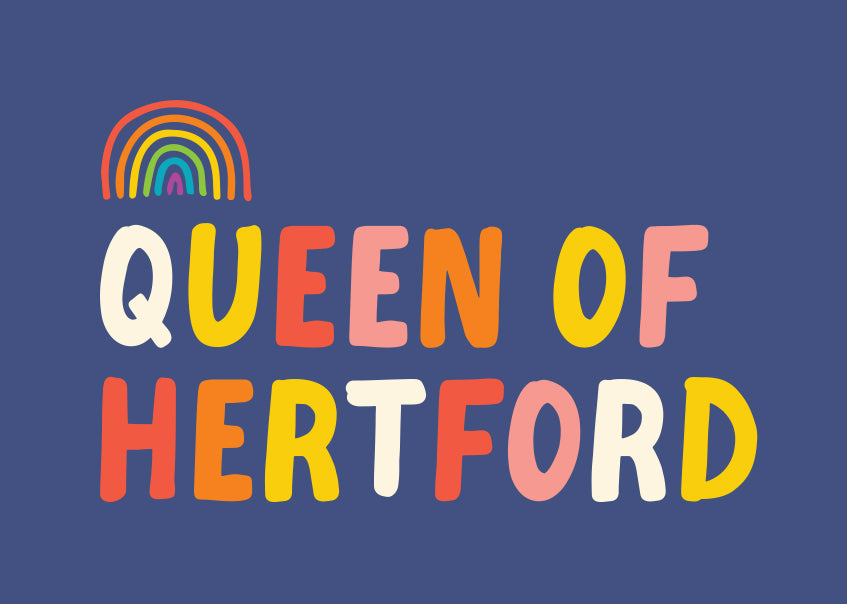Navy background print with Queen of Hertford and rainbow by Hannah Bailey