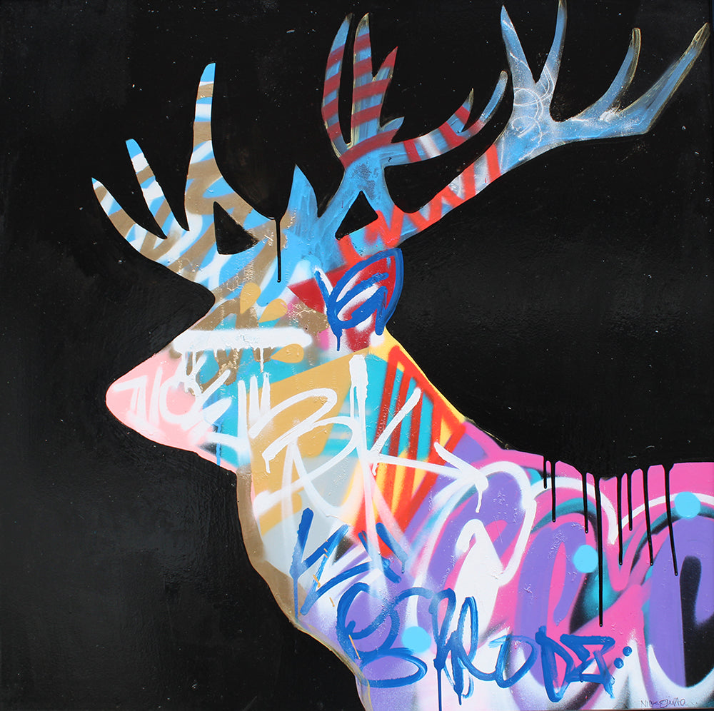 Black background with image of a stag facing left. Graffiti within the stag image. Painting by Nick Shipton