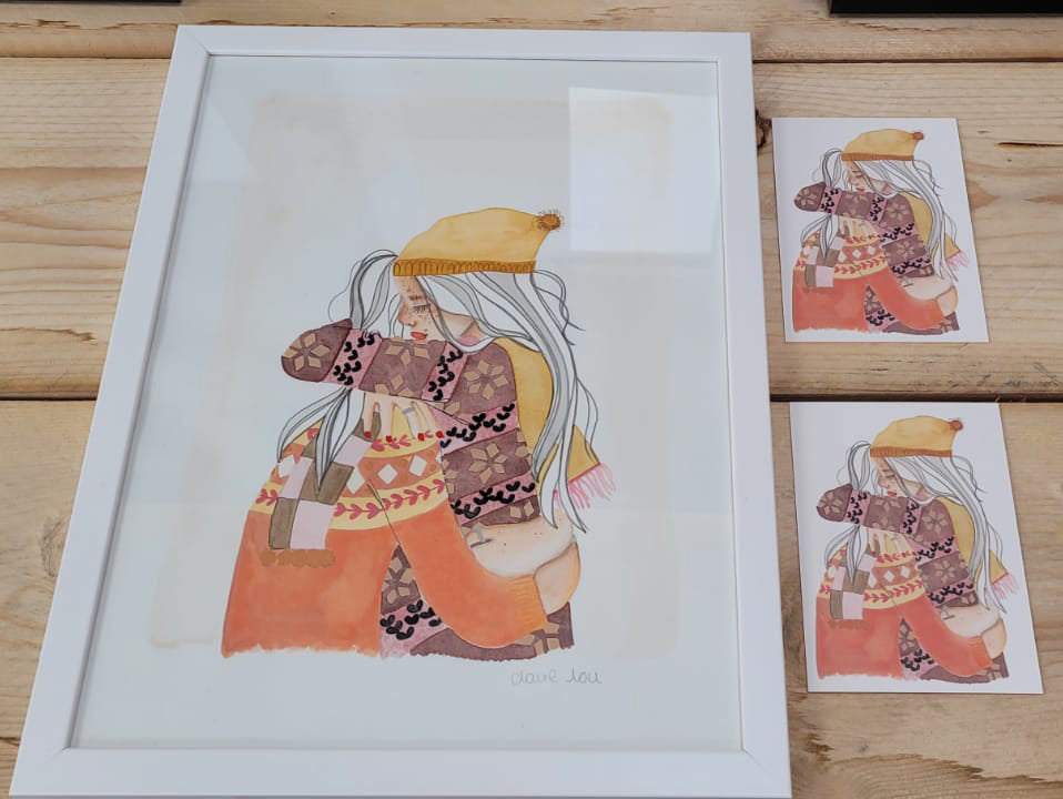 The Hug illustration by Claire Lou Carey original framed print and postcards