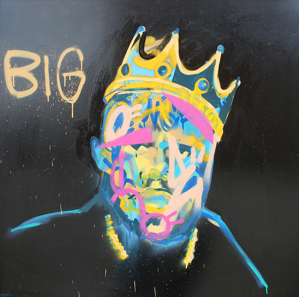 Painting of Big Smalls, black background with colourful graffiti over his image.