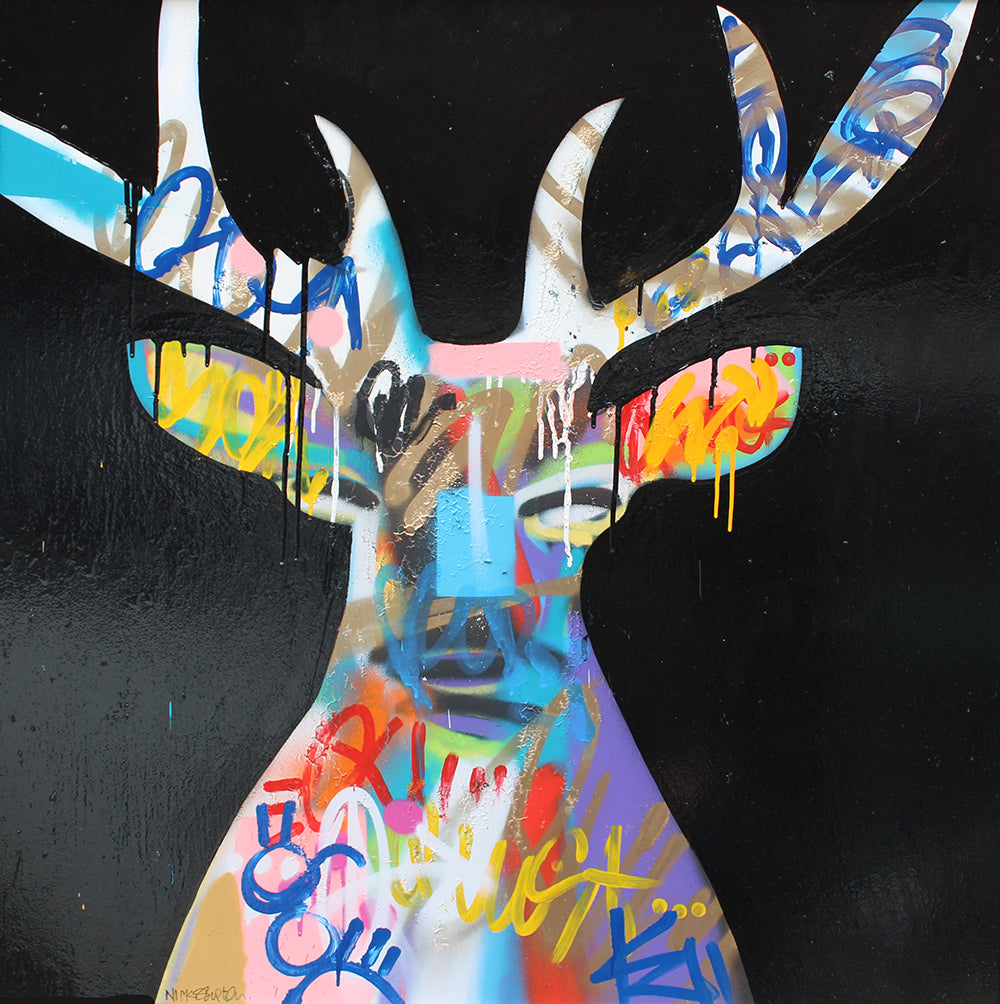 Black background with graffiti over an image of a Stag painting by Nick Shipton.